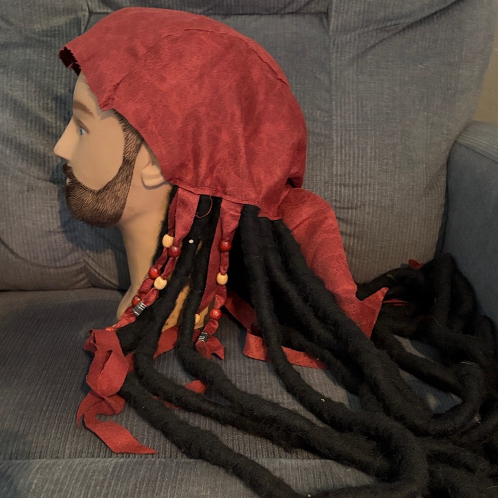 Jack Sparrow Style Bandanna With Attached Dreadlocks And Beads Burgundy One Size